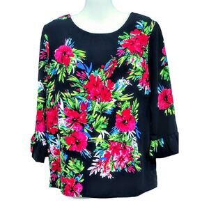 Darling‎ Brand Vivid Floral Print Top, Black, Red Multi, Sz S
